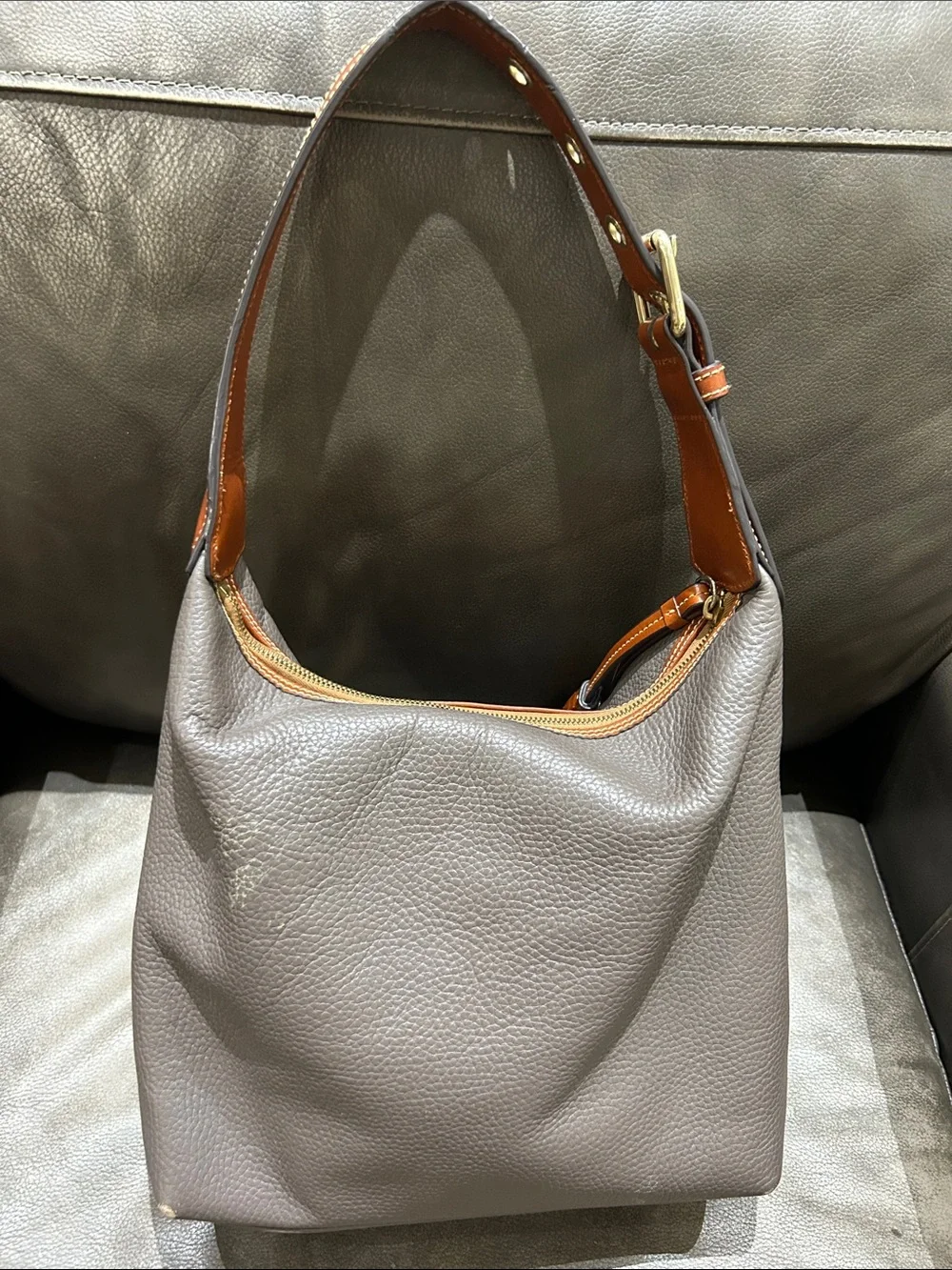 Women’s Taupe Leather Hobo Bag with Brown Trim